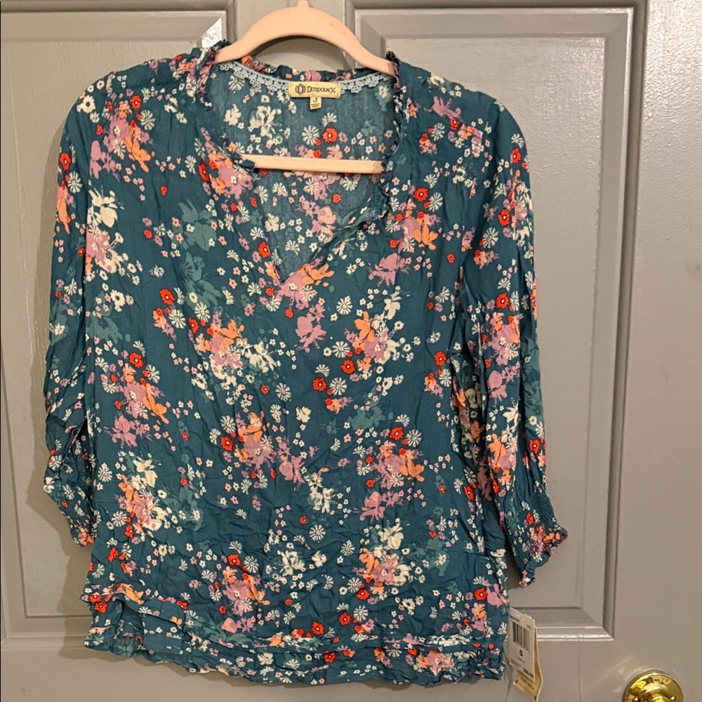 Democracy Teal Floral Blouse